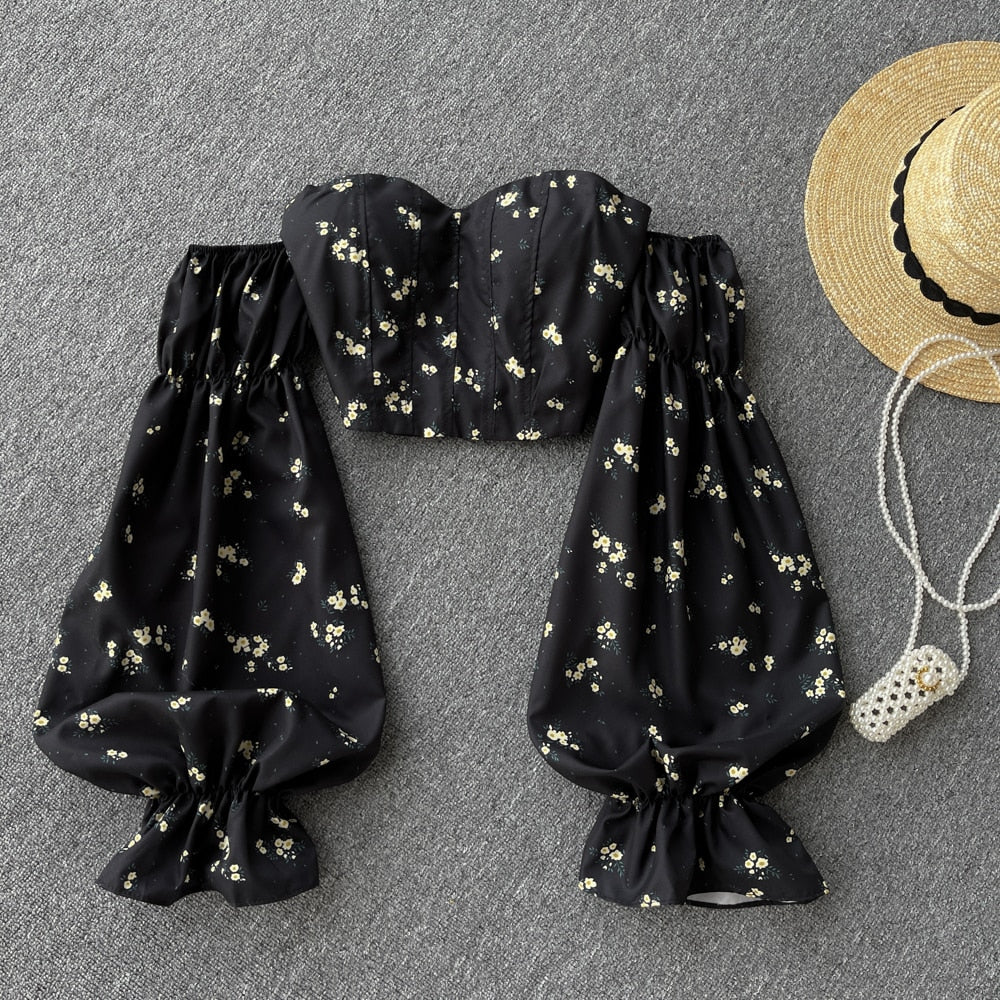 Off Shoulder Long Sleeve Floral Boho Blouse - Top Boho