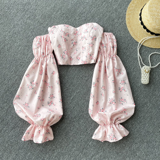 Off Shoulder Long Sleeve Floral Boho Blouse - Top Boho