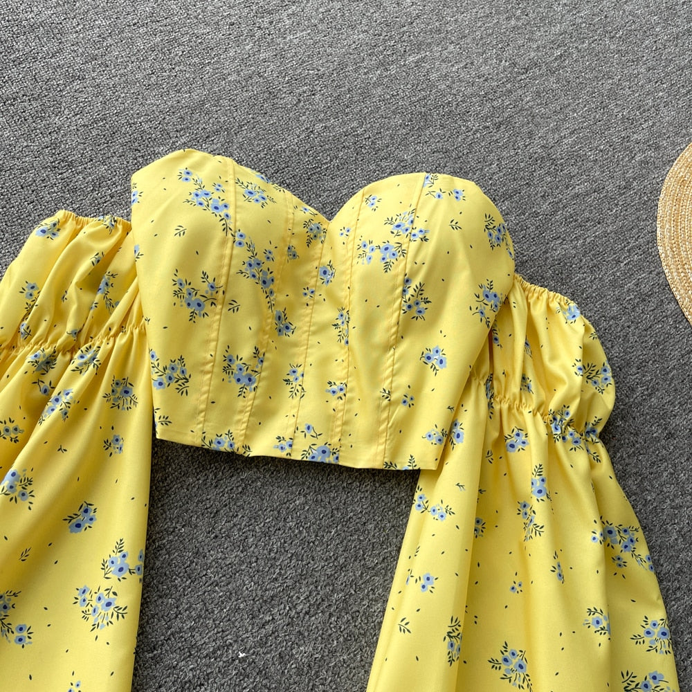 Off Shoulder Long Sleeve Floral Boho Blouse - Top Boho