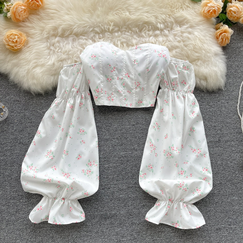 Off Shoulder Long Sleeve Floral Boho Blouse - Top Boho