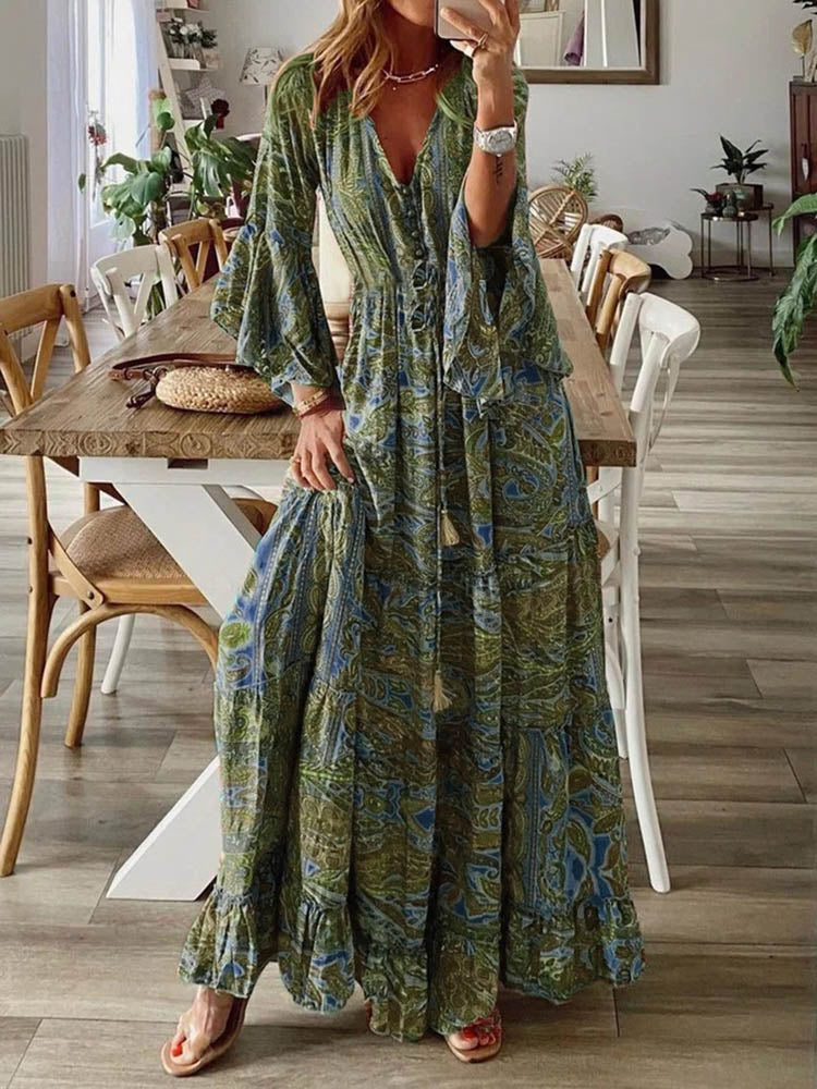 Boho Chic Long Sleeve Ruffle Maxi Dress - Top Boho