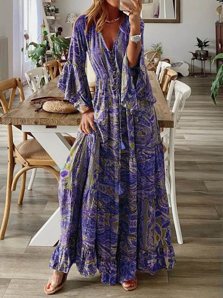 Boho Chic Long Sleeve Ruffle Maxi Dress - Top Boho