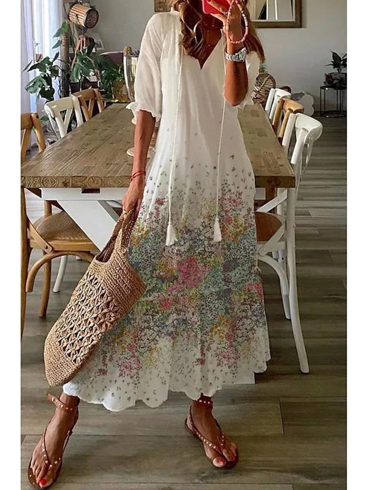 Vintage Bohemian V Neck Print Dress