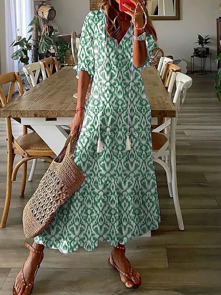Vintage Bohemian V Neck Print Dress