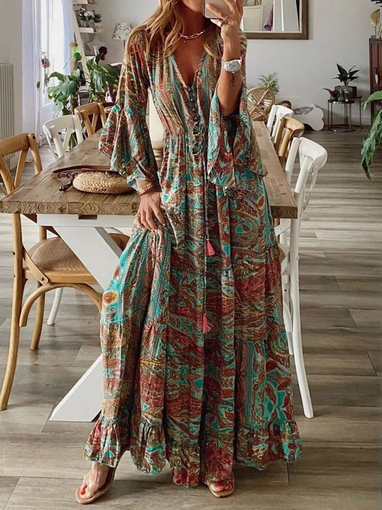 Boho Chic Long Sleeve Ruffle Maxi Dress - Top Boho