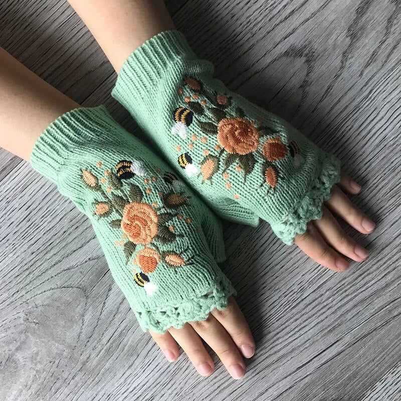 Boho Floral Fingerless Knitted Gloves