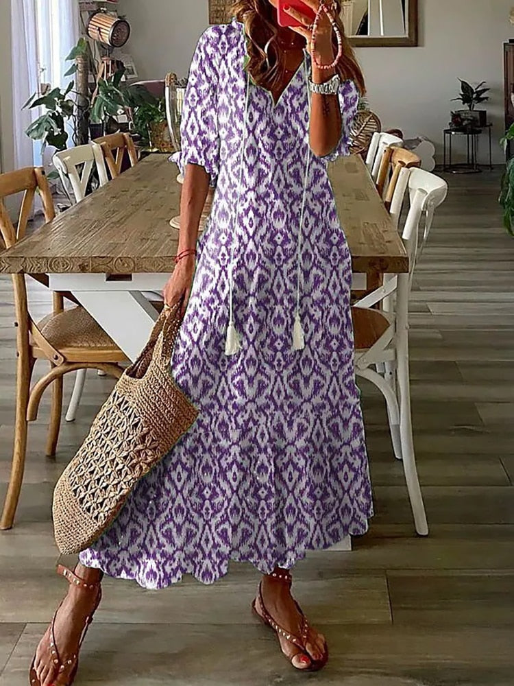 Vintage Bohemian V Neck Print Dress