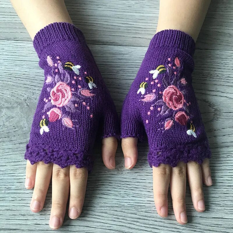 Boho Floral Fingerless Knitted Gloves