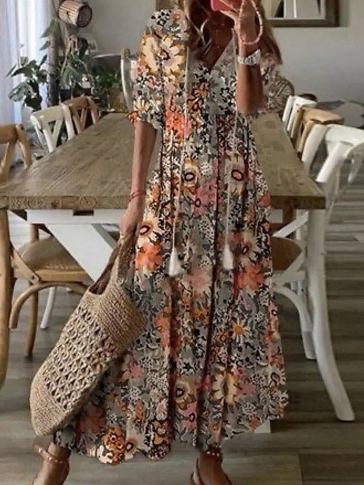 Vintage Bohemian V Neck Print Dress
