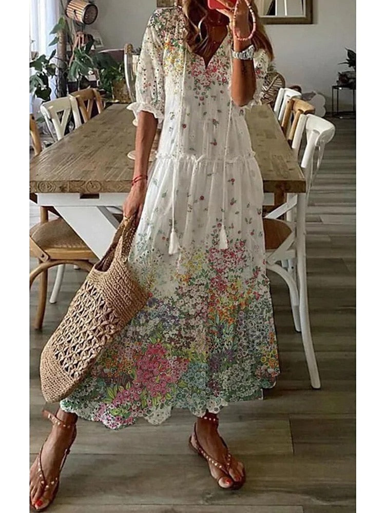 Vintage Bohemian V Neck Print Dress