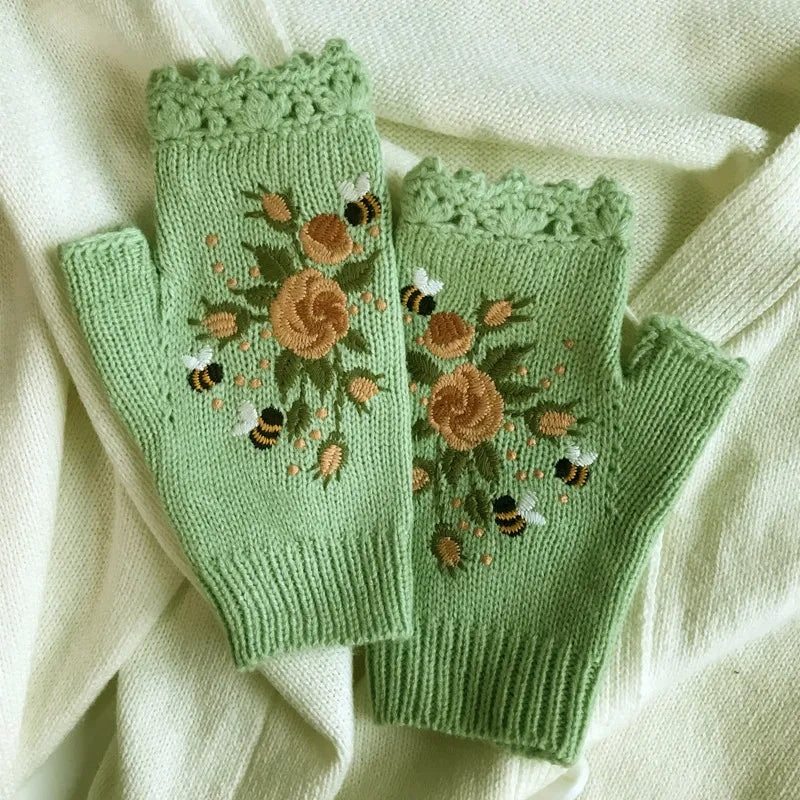 Boho Floral Fingerless Knitted Gloves