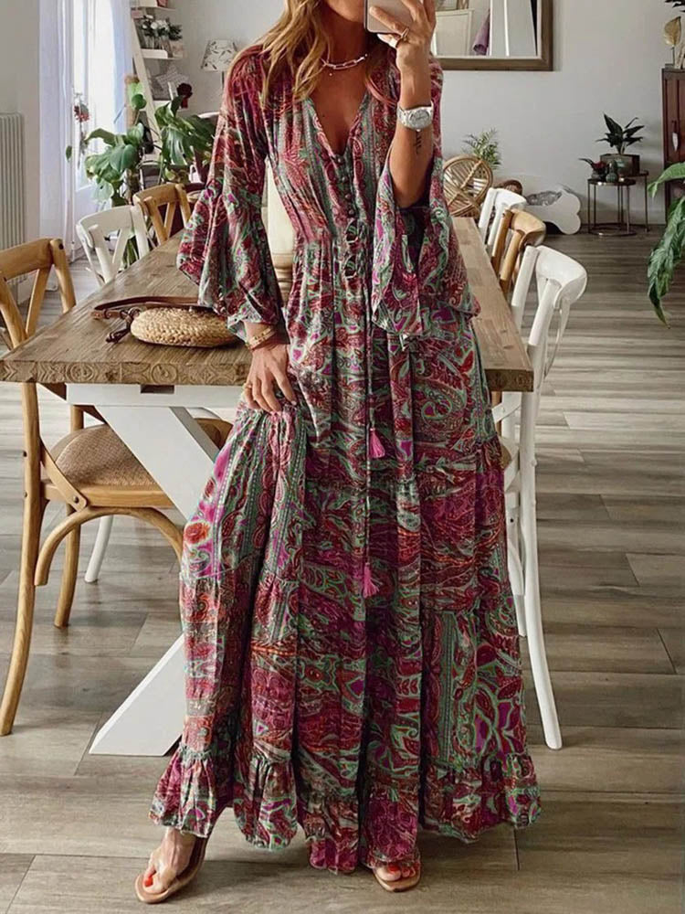 Boho Chic Long Sleeve Ruffle Maxi Dress - Top Boho