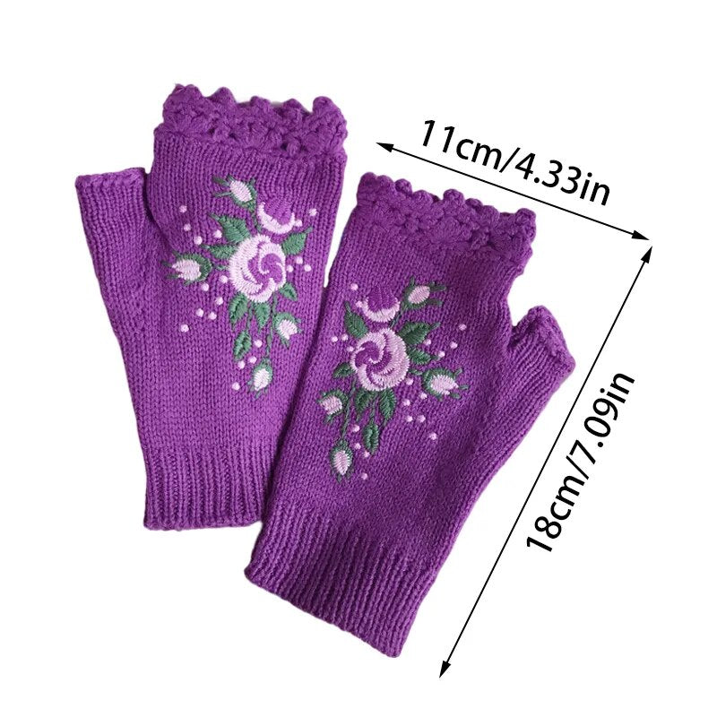 Boho Floral Fingerless Knitted Gloves