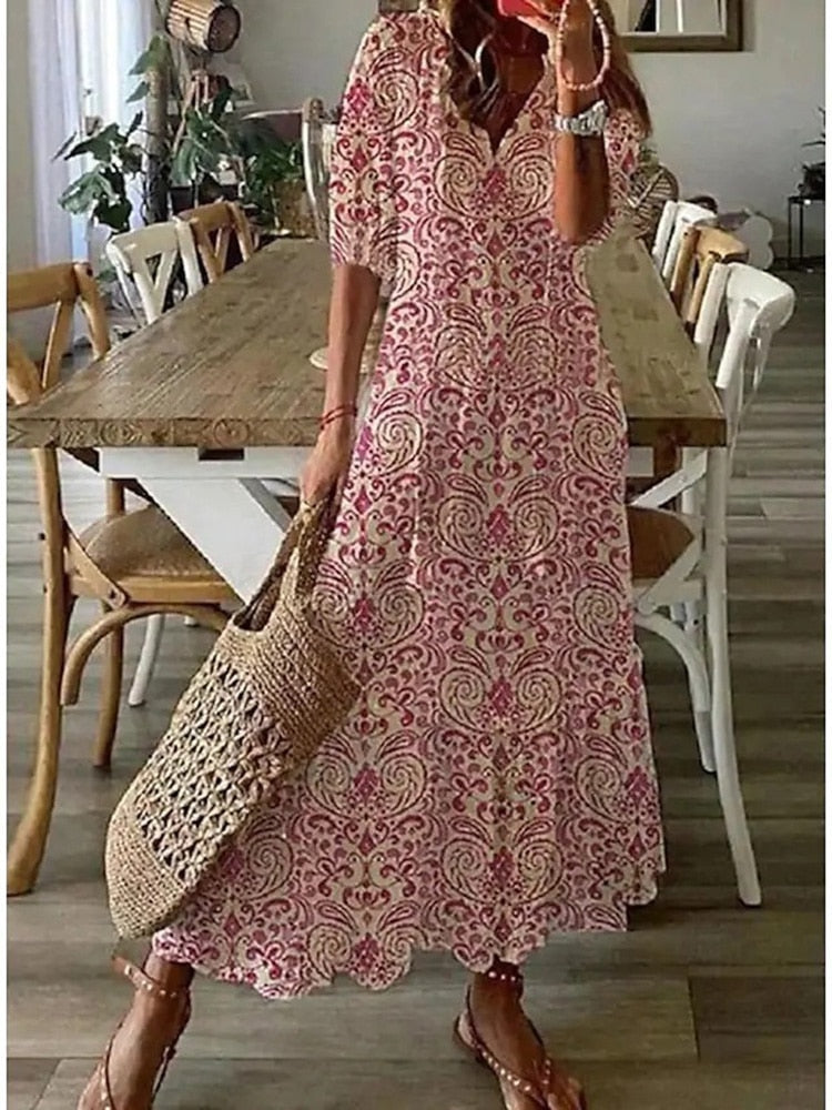 Vintage Bohemian V Neck Print Dress