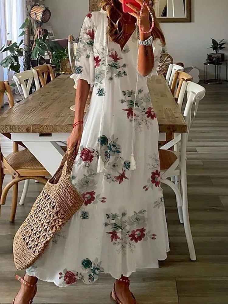 Vintage Bohemian V Neck Print Dress