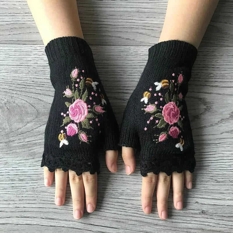Boho Floral Fingerless Knitted Gloves