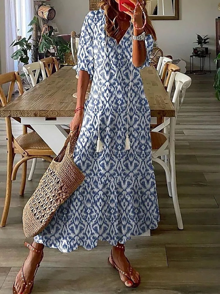 Vintage Bohemian V Neck Print Dress