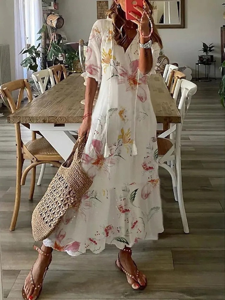 Vintage Bohemian V Neck Print Dress