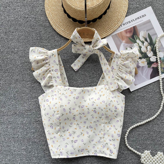 Bohemian Floral Print Ruffled Camisole Top - Top Boho