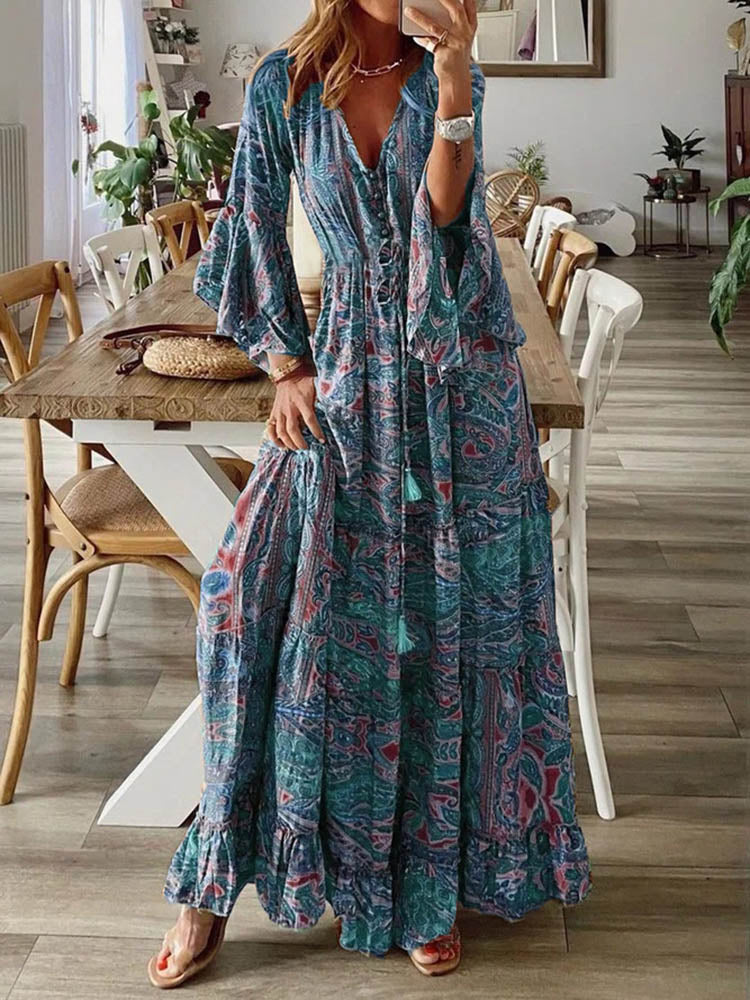 Boho Chic Long Sleeve Ruffle Maxi Dress - Top Boho