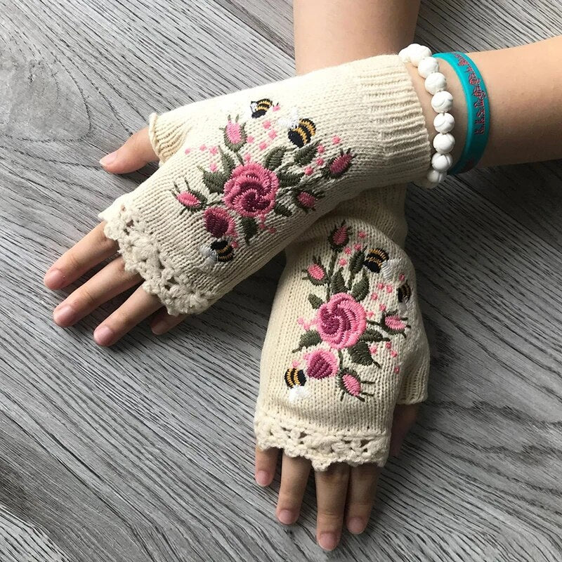 Boho Floral Fingerless Knitted Gloves