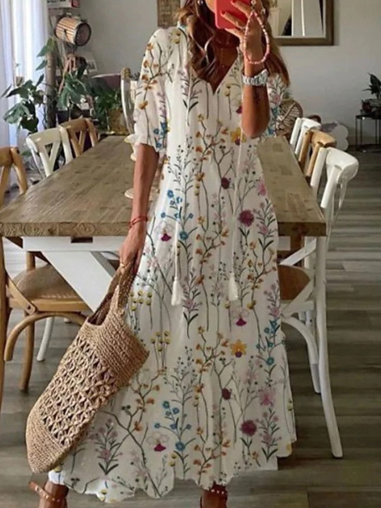 Vintage Bohemian V Neck Print Dress