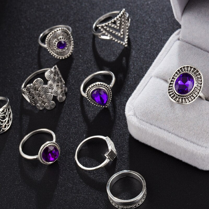 Boho Purple Rhinestone Rings 9pcs