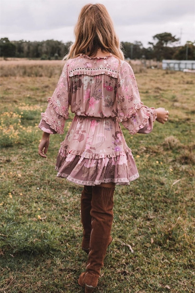 Boho Long Sleeve Ruffles Dress - Top Boho