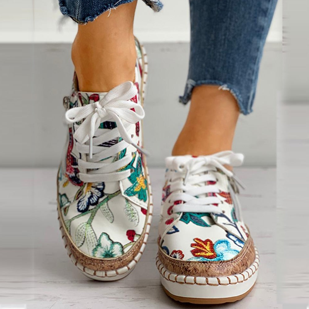 Bohemian Floral Printed Lace Up Shoes - Top Boho