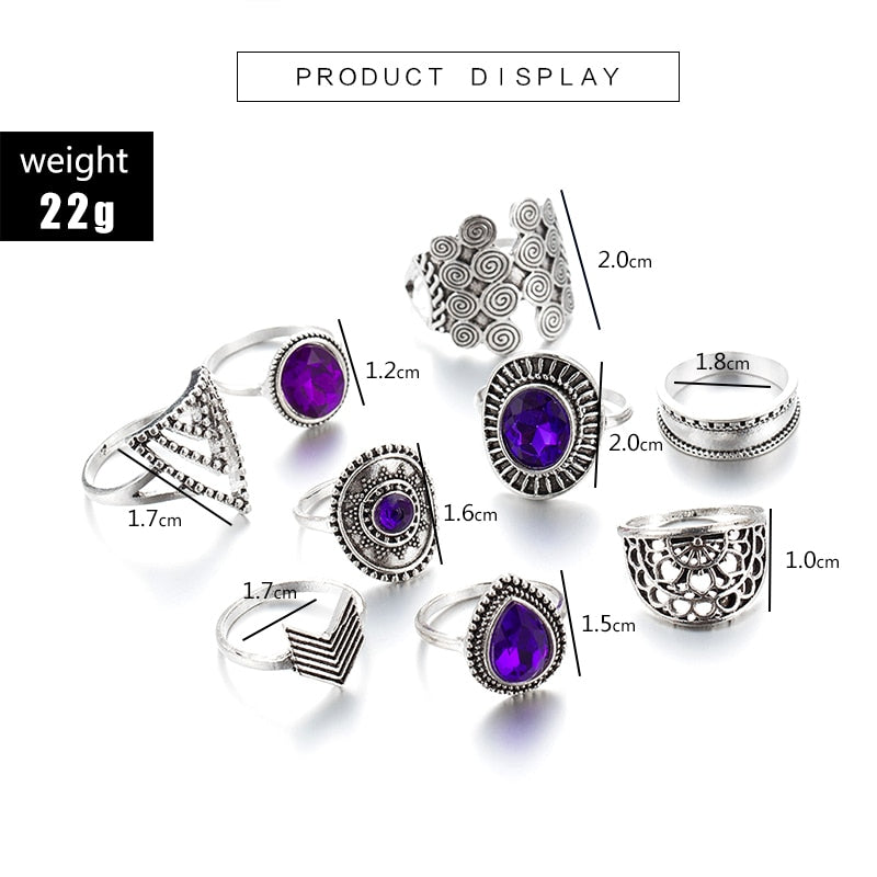 Boho Purple Rhinestone Rings 9pcs