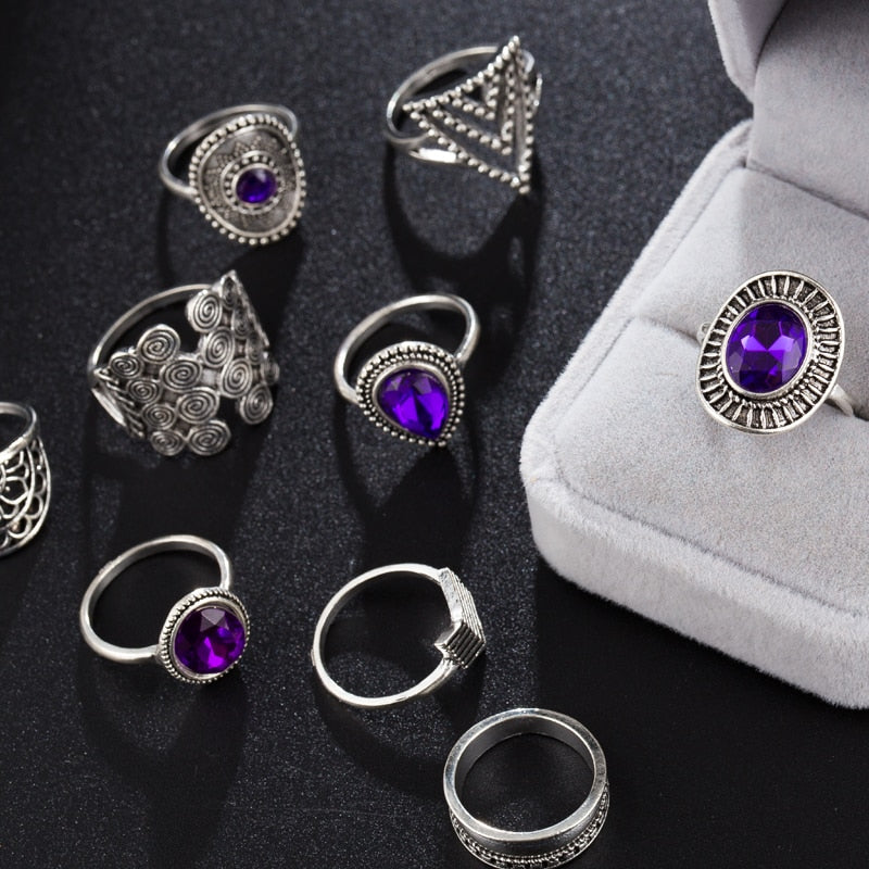Boho Purple Rhinestone Rings 9pcs