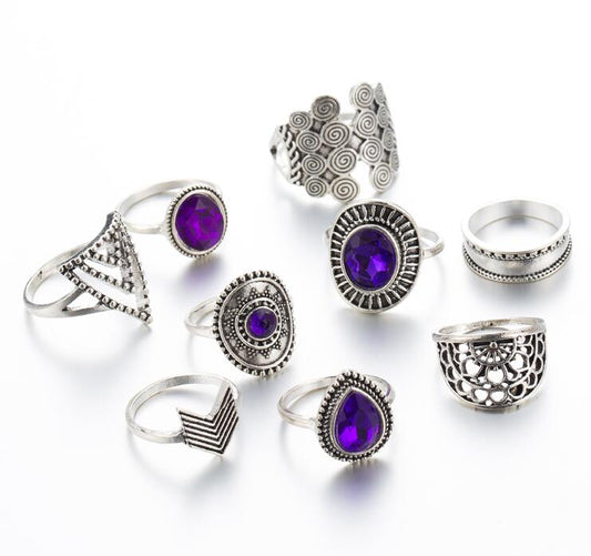 Boho Purple Rhinestone Rings 9pcs - Top Boho