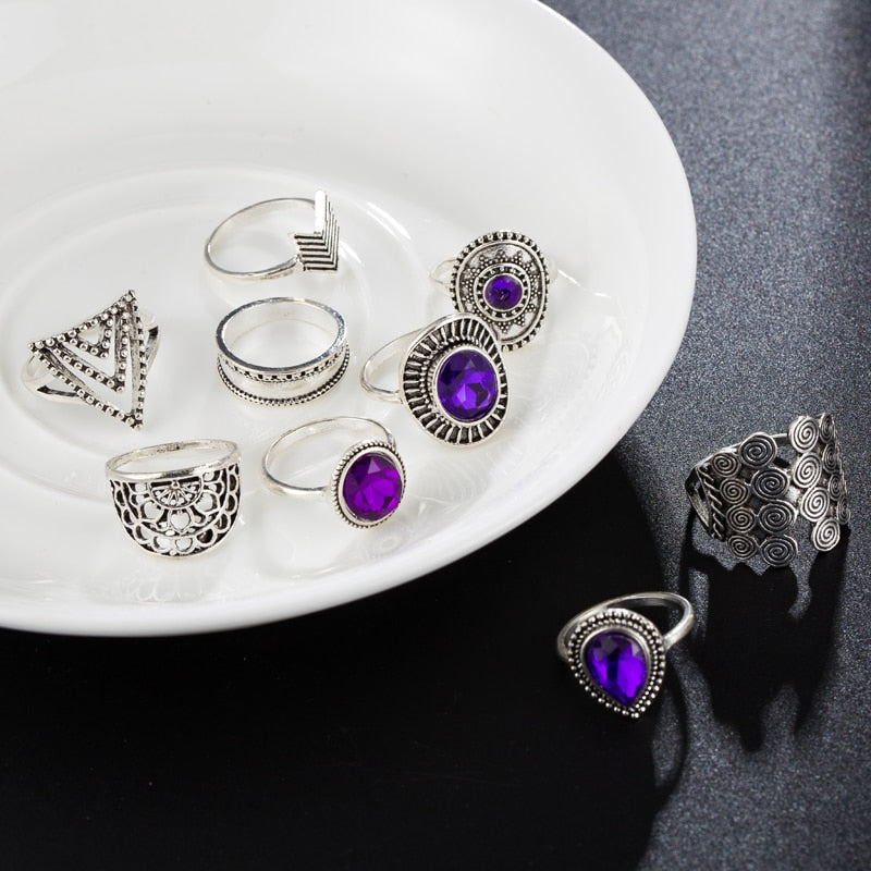 Boho Purple Rhinestone Rings 9pcs - Top Boho