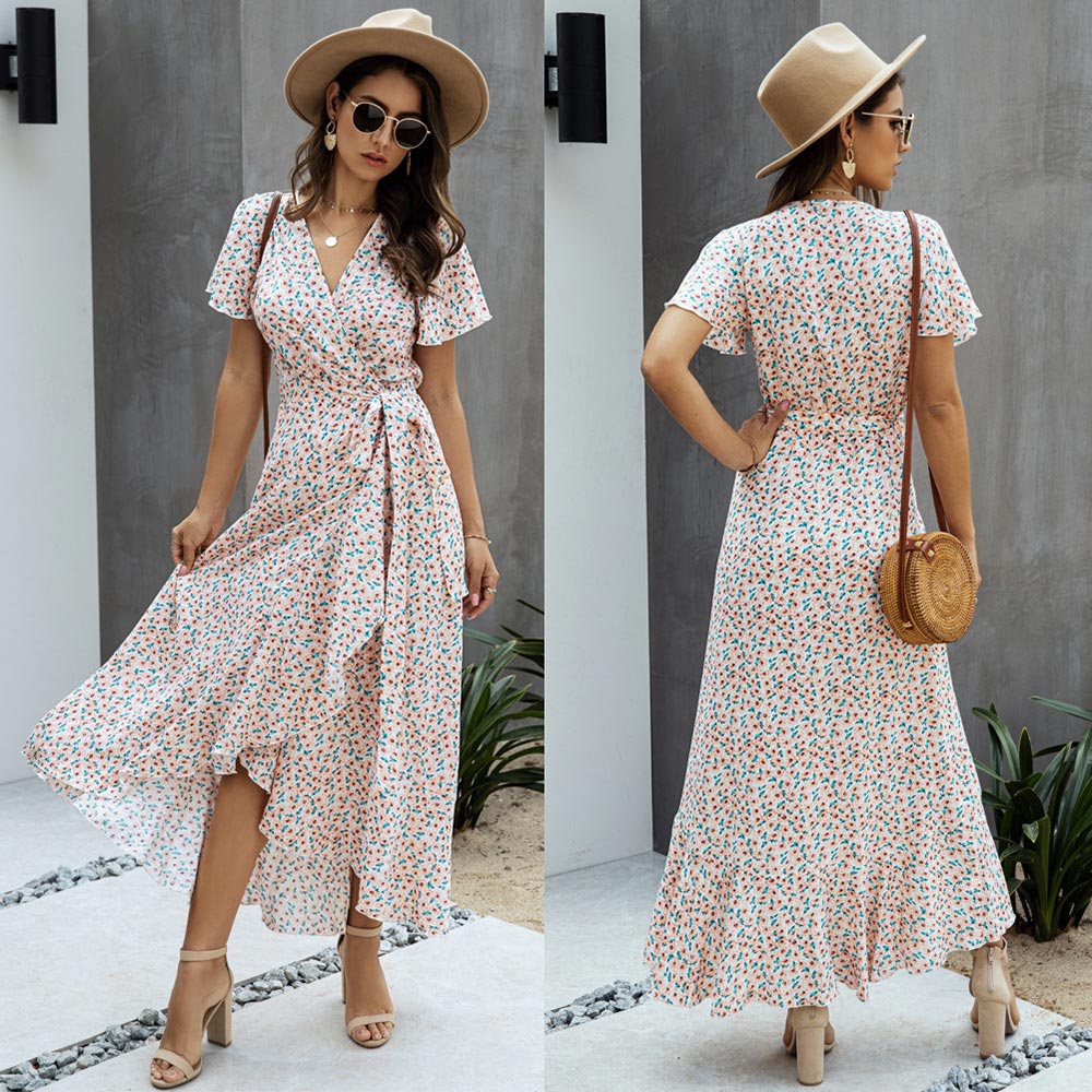 Boho Ruffle Trim Wrap Dress