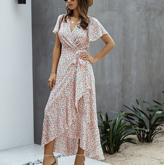 Boho Ruffle Trim Wrap Dress - Top Boho