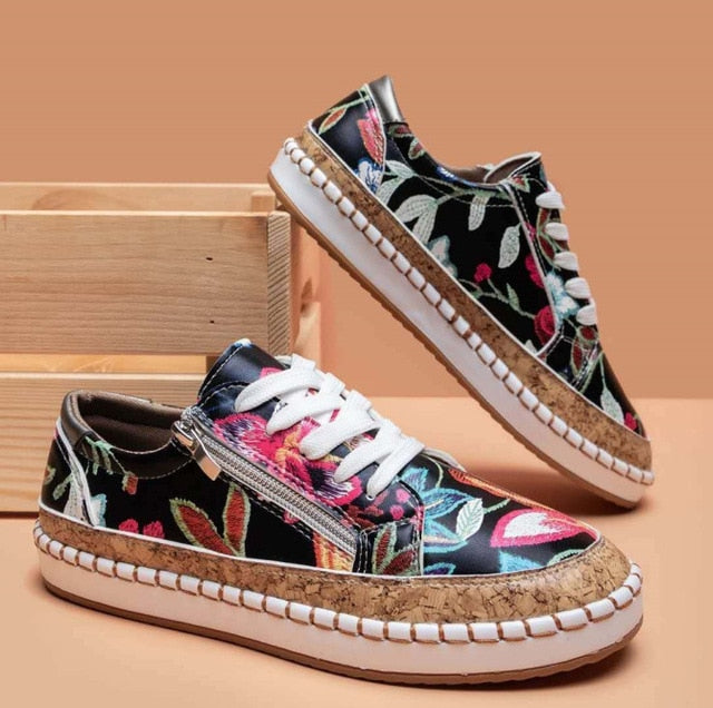 Bohemian Floral Printed Lace Up Shoes - Top Boho