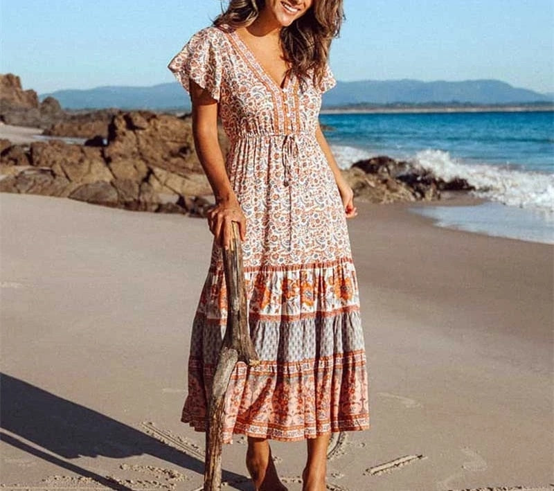 Boho Chic Flared Sleeves Maxi Dress - Top Boho