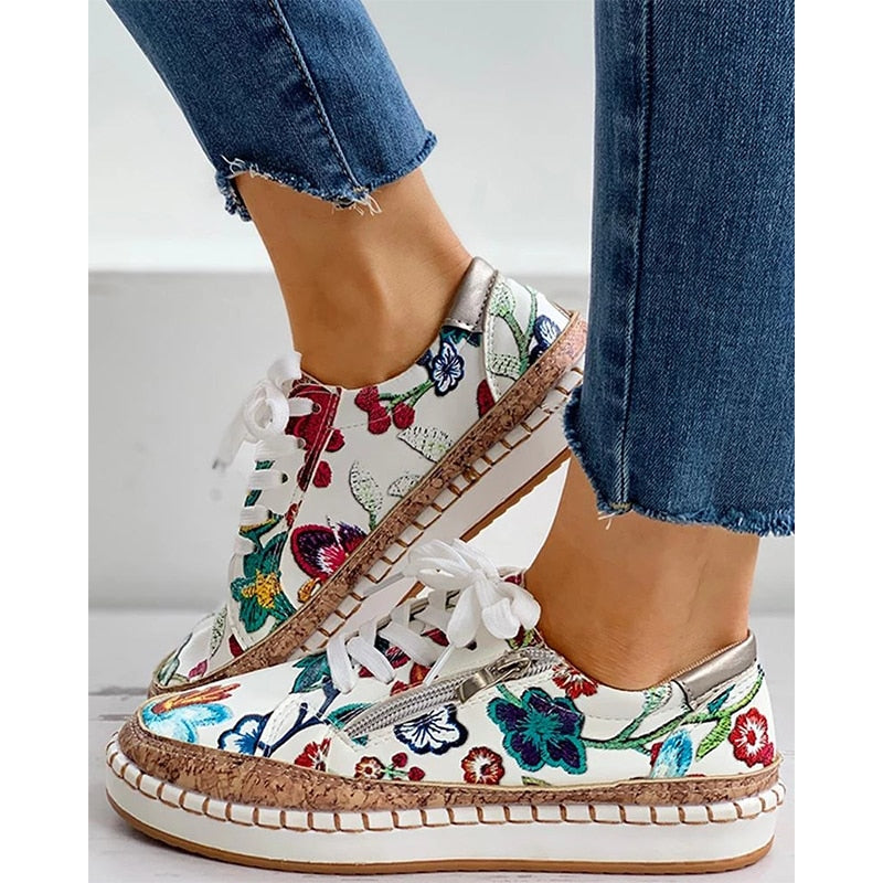 Bohemian Floral Printed Lace Up Shoes - Top Boho