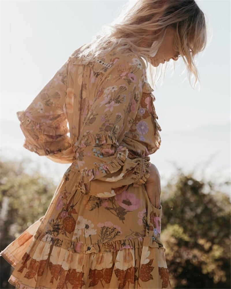 Boho Long Sleeve Ruffles Dress