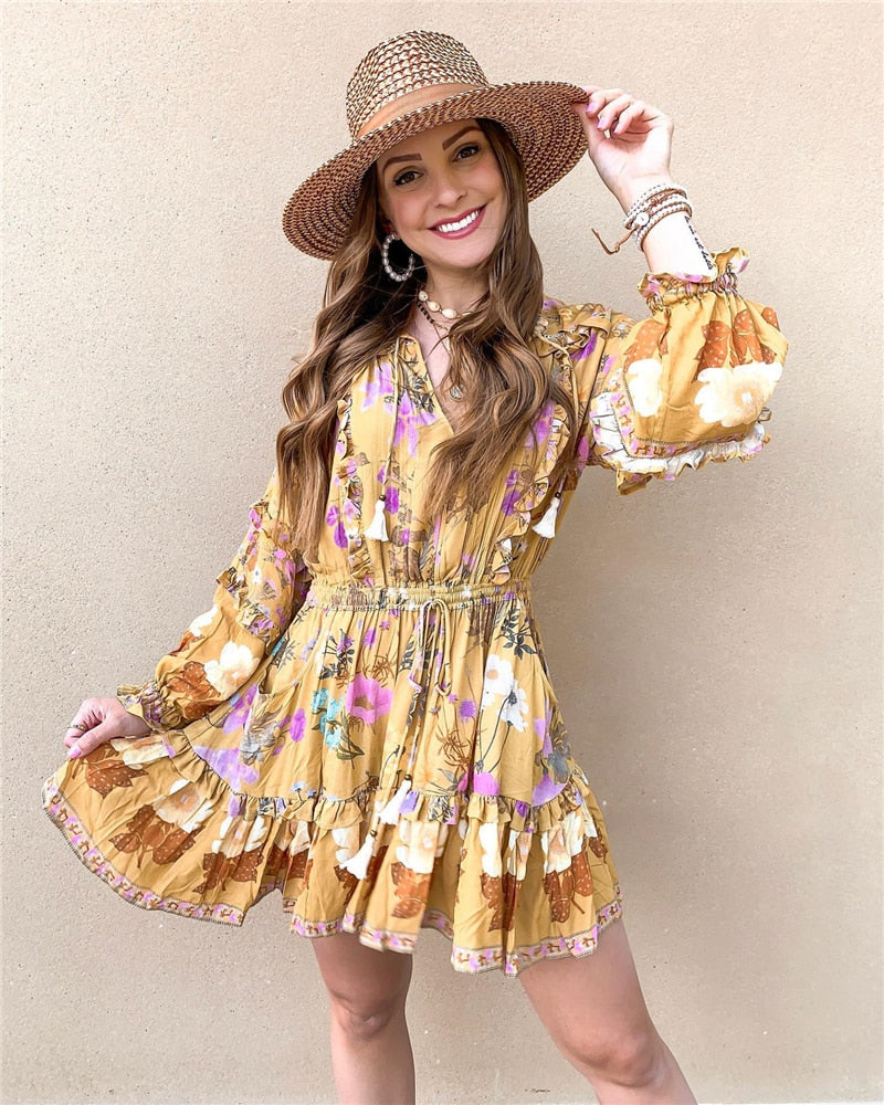 Boho Long Sleeve Ruffles Dress