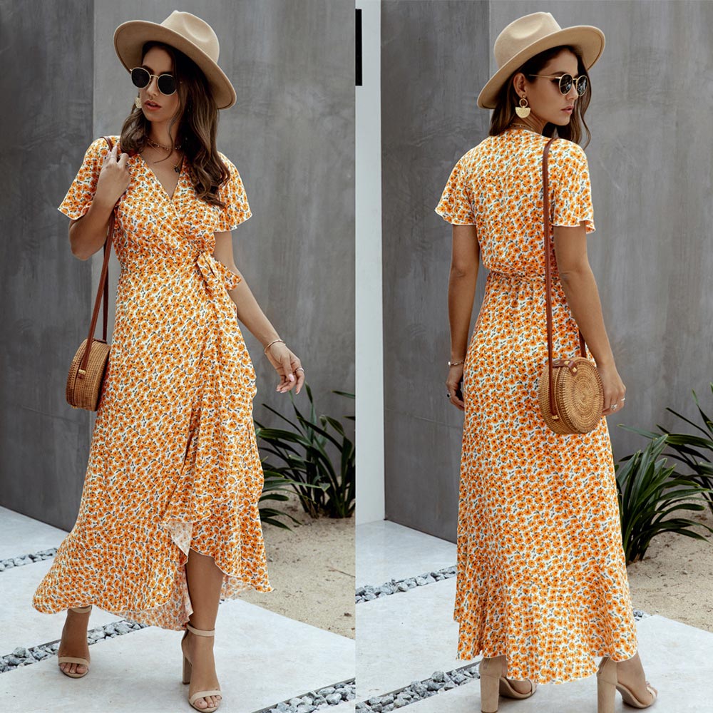 Boho Ruffle Trim Wrap Dress