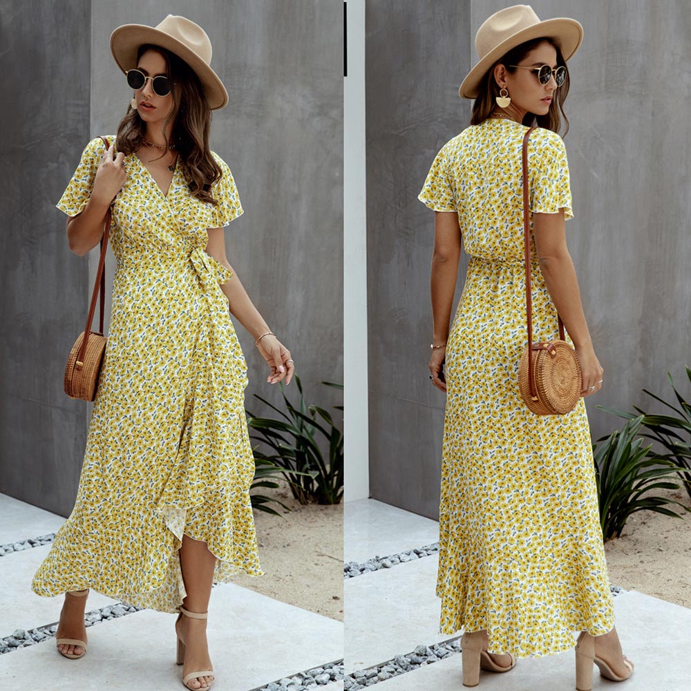Boho Ruffle Trim Wrap Dress
