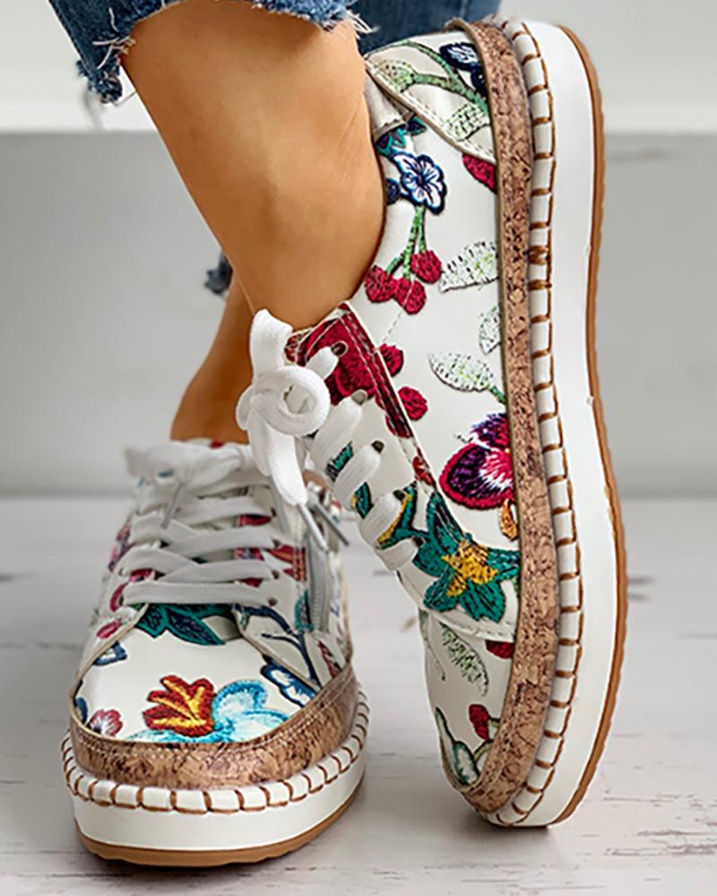 Bohemian Floral Printed Lace Up Shoes - Top Boho