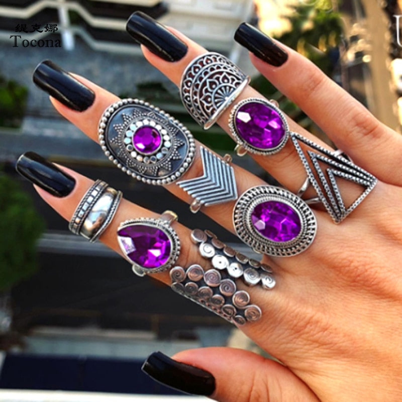 Boho Purple Rhinestone Rings 9pcs