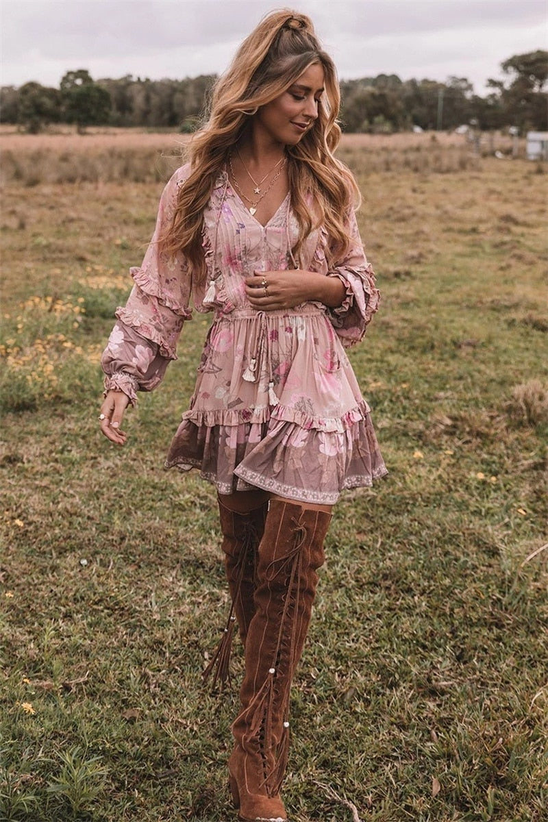 Boho Long Sleeve Ruffles Dress