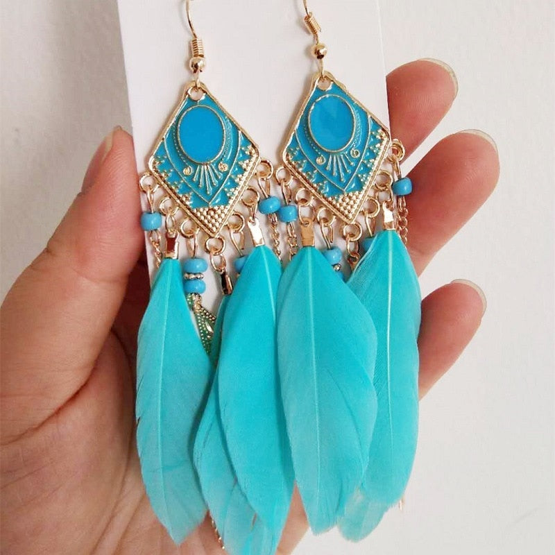 Boho Long Feather Dangle Earrings - Top Boho