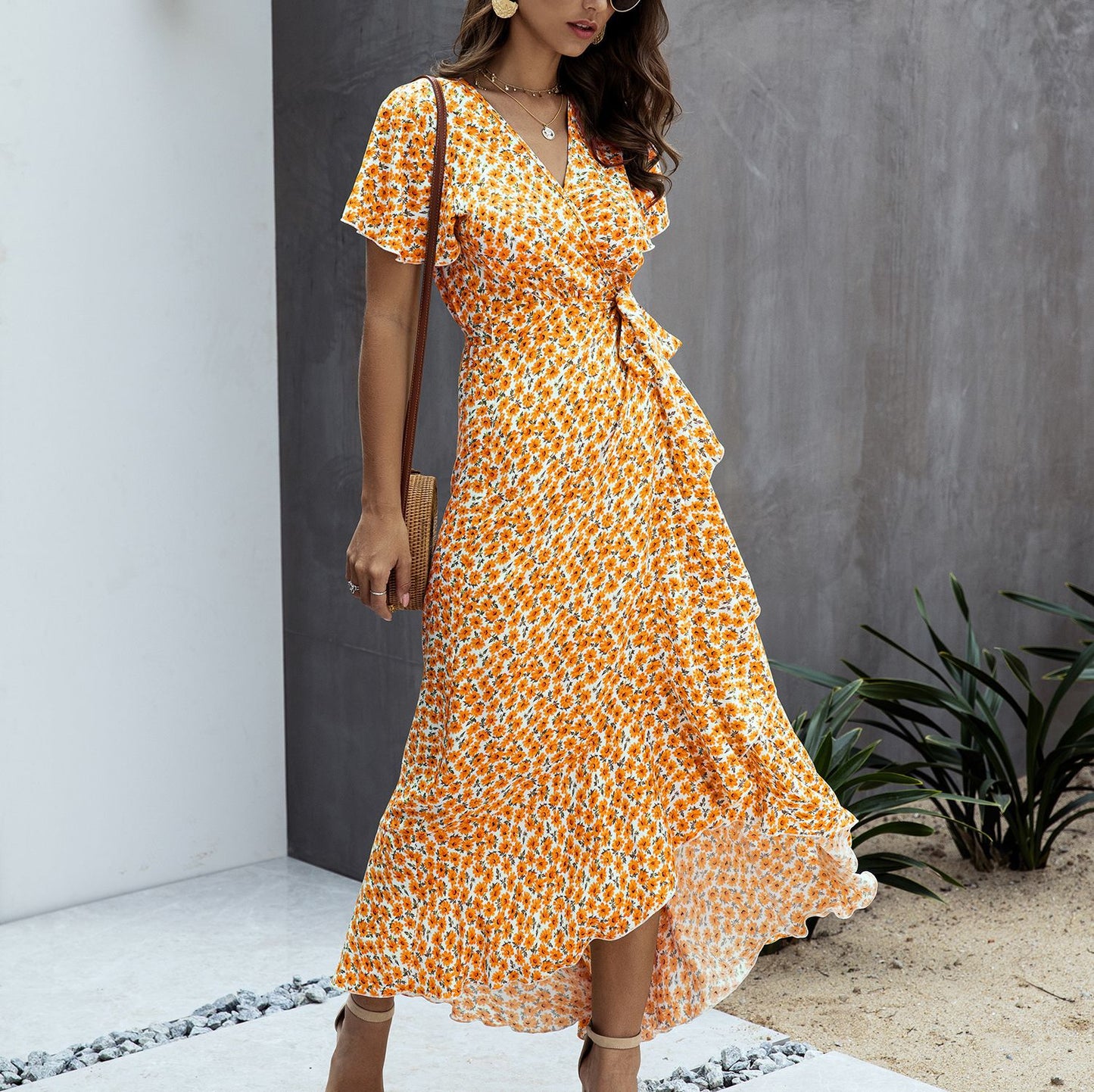 Boho Ruffle Trim Wrap Dress