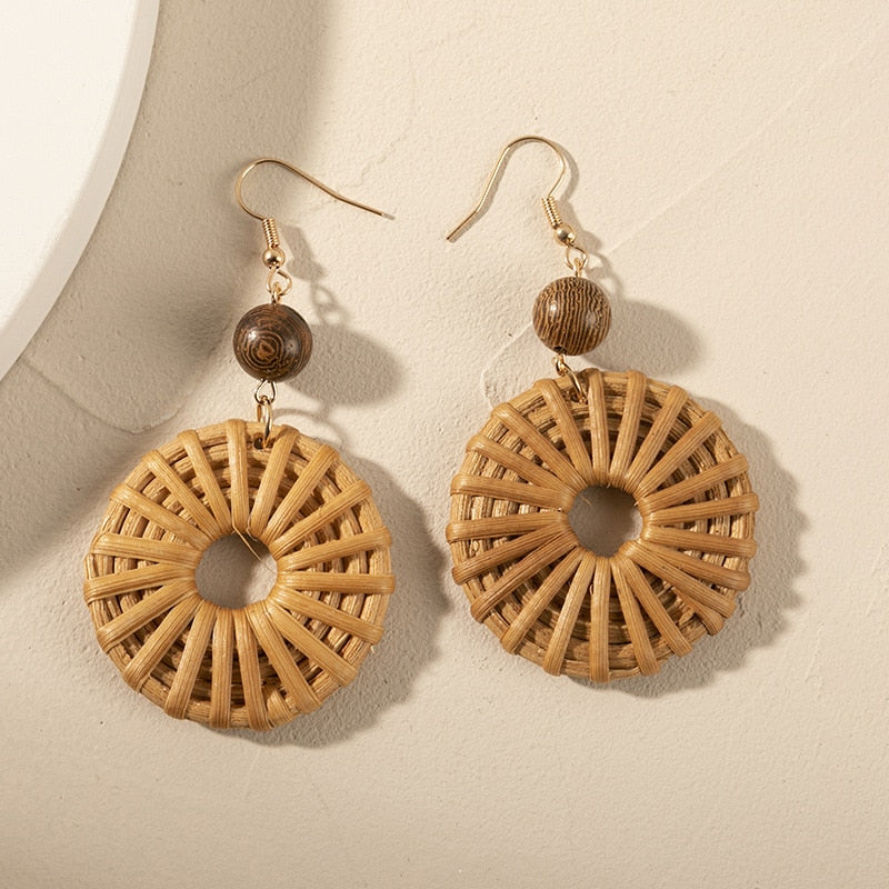 Boho Rattan With Raffia Tassel Pendant Earrings - Top Boho