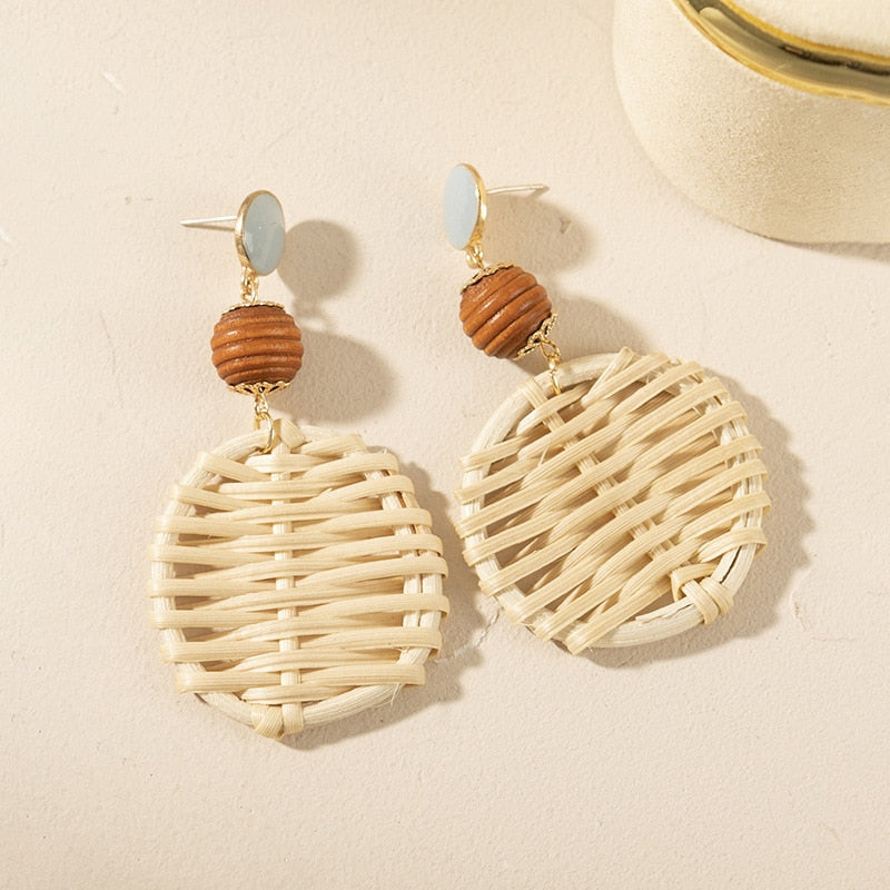 Boho Rattan With Raffia Tassel Pendant Earrings - Top Boho