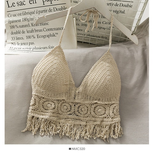 Crochet Tassel Halter Neck Crop Top - Top Boho